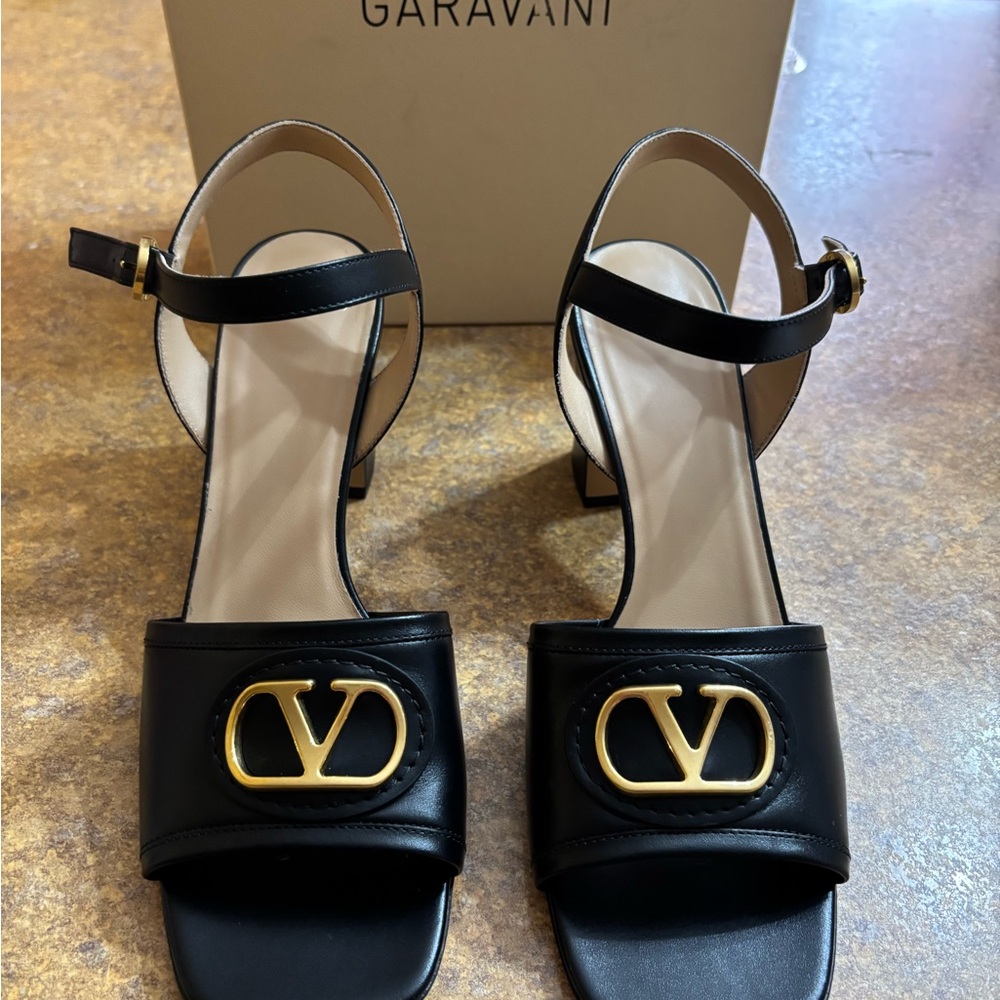 Valentino Garavani Black Sandals with Gold Logo